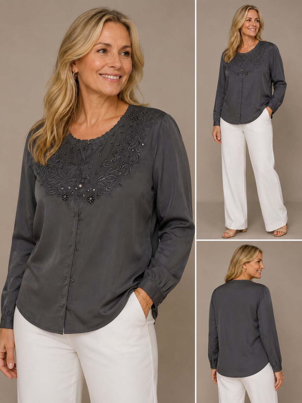 Kathy Che Women's Charcoal Grey Beaded Lace Embellished Long Sleeve Button-Down